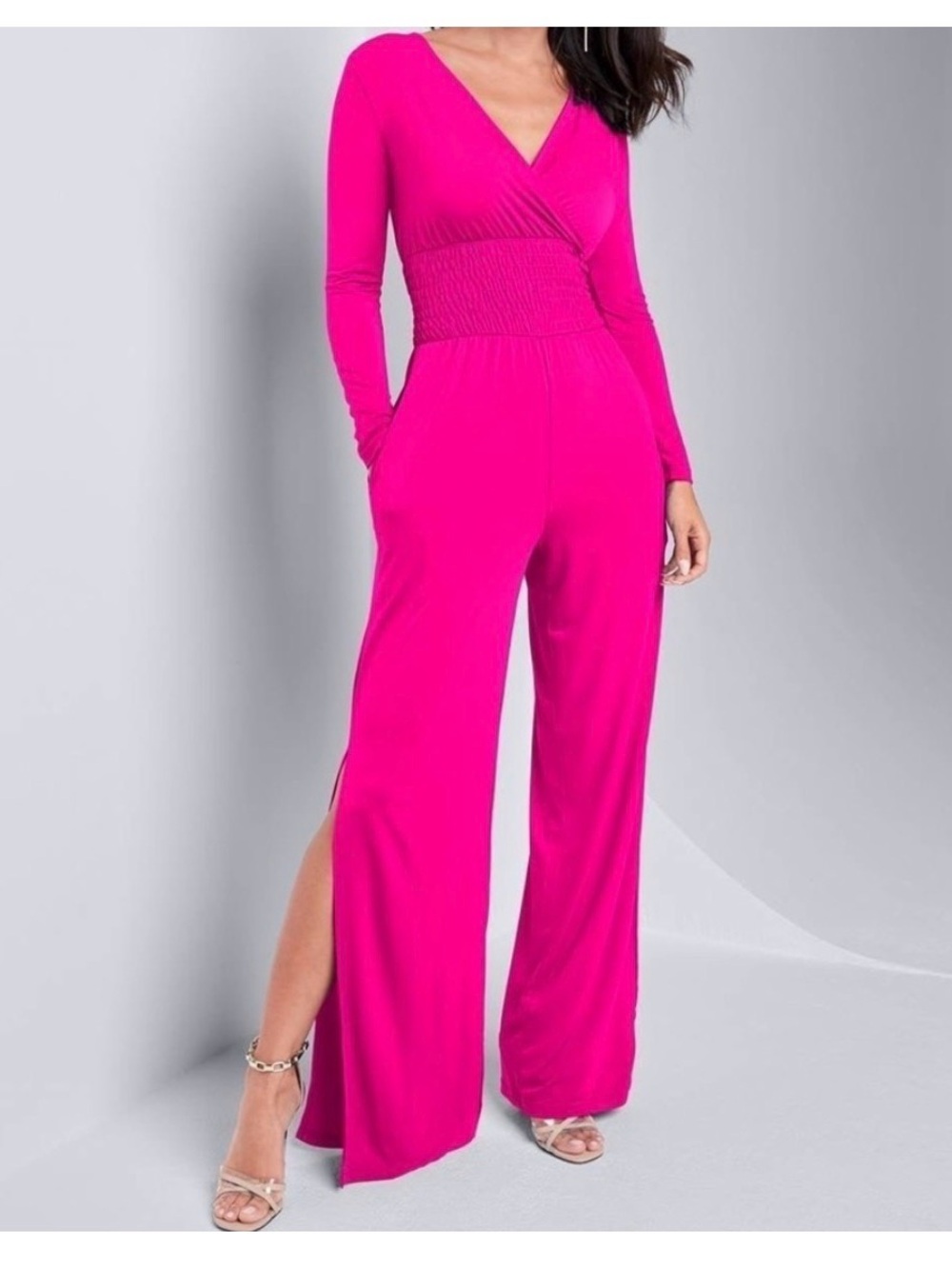 Wide leg slit jumpsuit with pockets